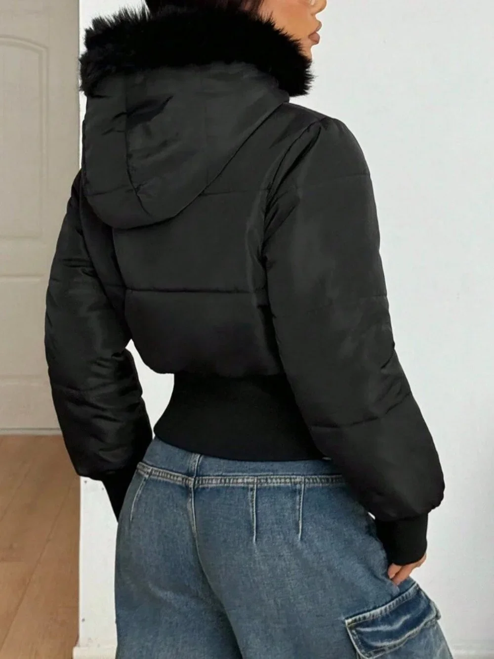 Black Casual Women's Streetwear Quilted Coat With Flannelette Hat